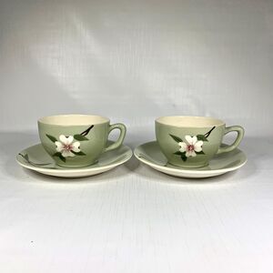 Weil Ware California Cup Saucer Pottery Dogwood Green Floral Cottage Core Vtg